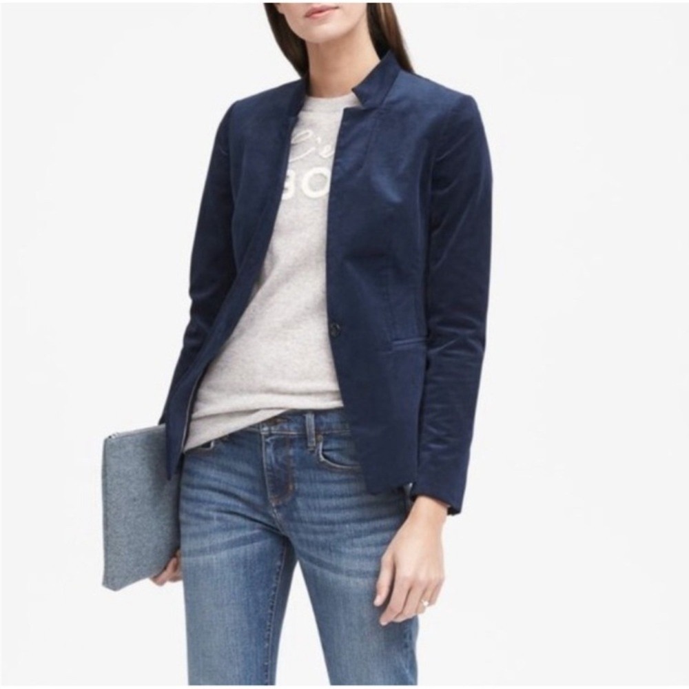 Banana Republic Navy Velvet Long & Lean Blazer Sz 14 classic elegant one button